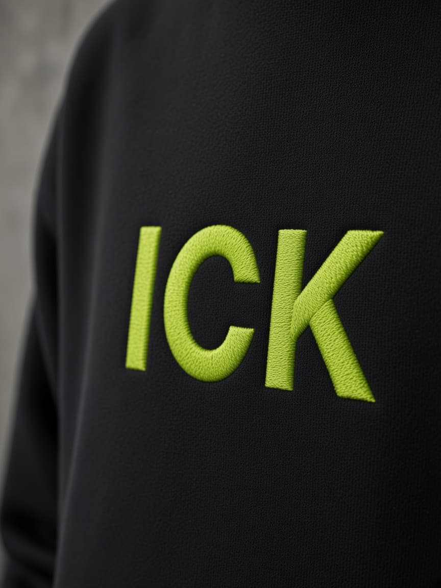 Närbild på limegrön ICK-brodyr på svart hoodie.