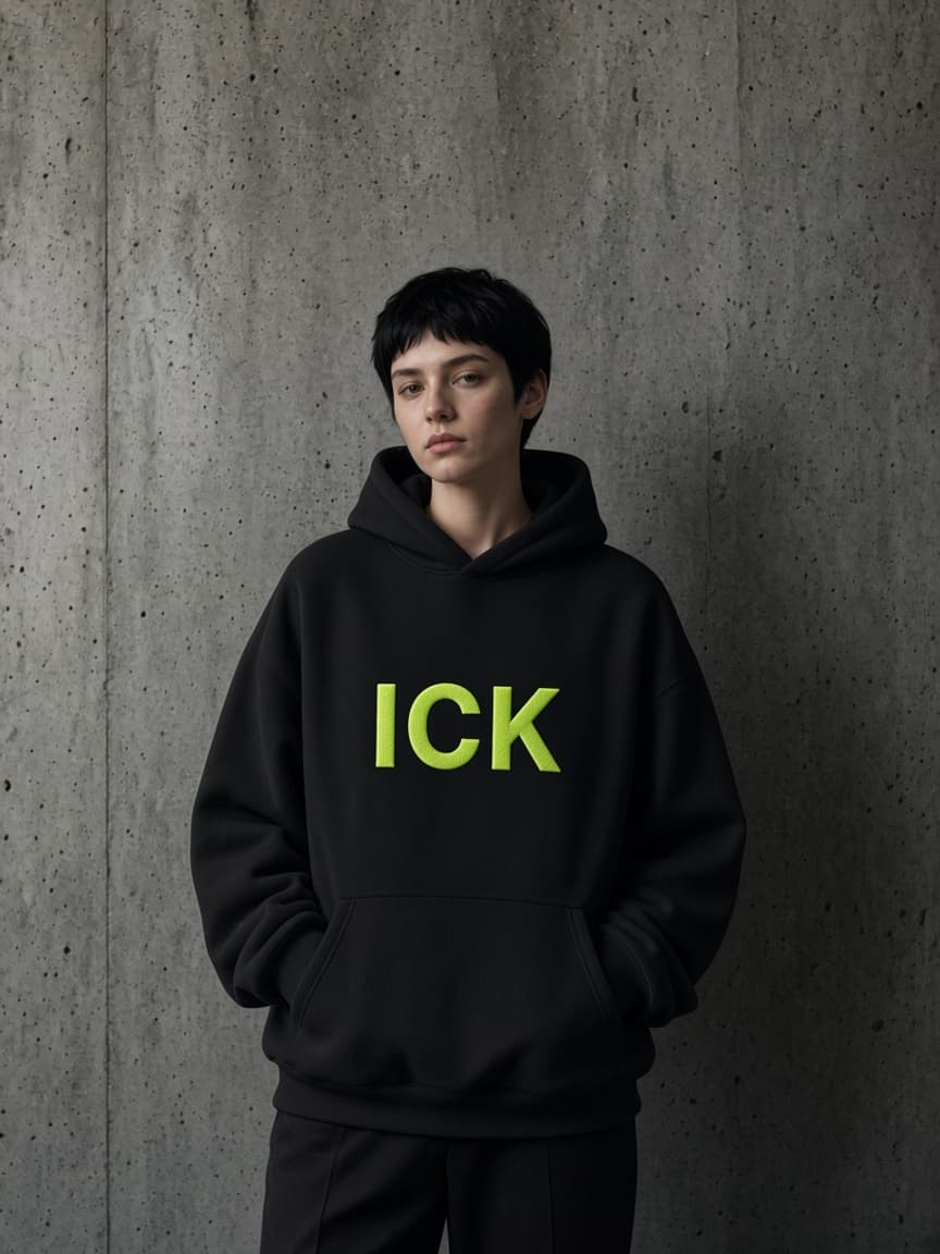 Svart oversize-hoodie med limegrön brodyr ICK på bröstet, framifrån mot rå betong.