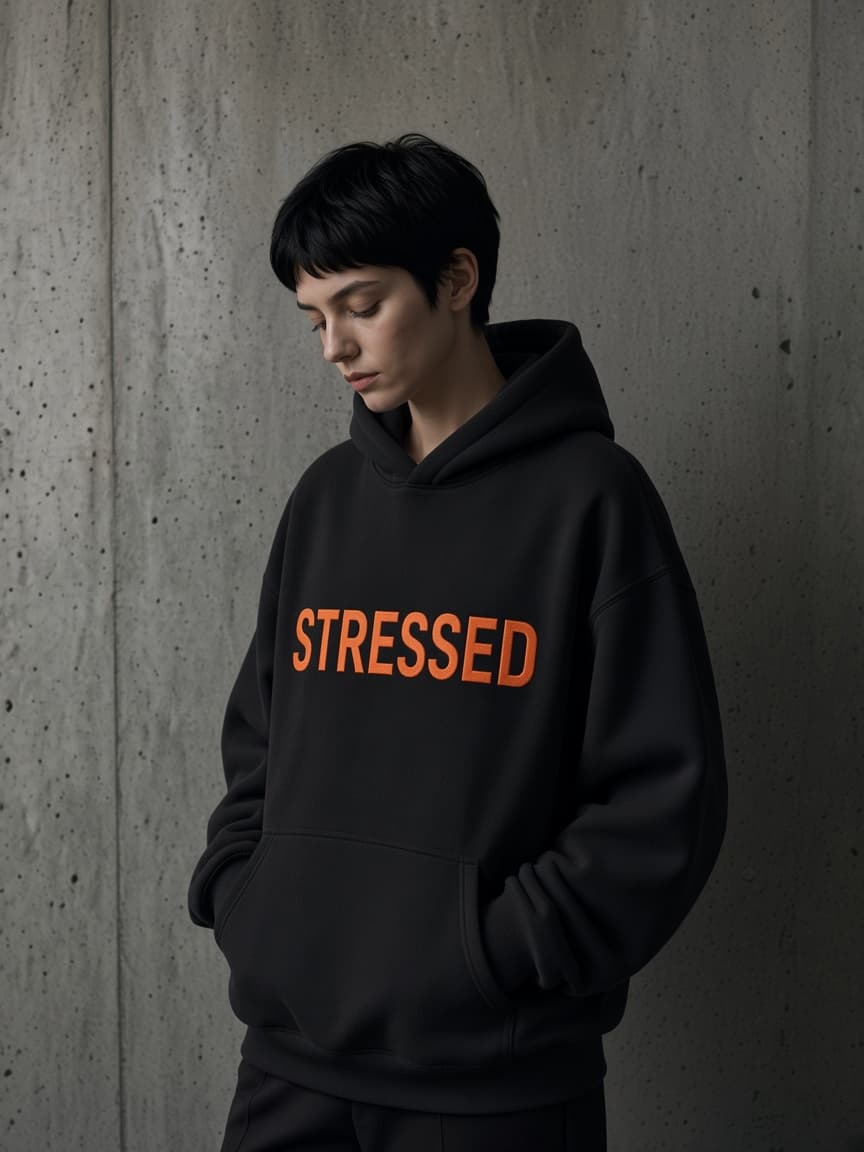 Svart hoodie, blicken sänkt.