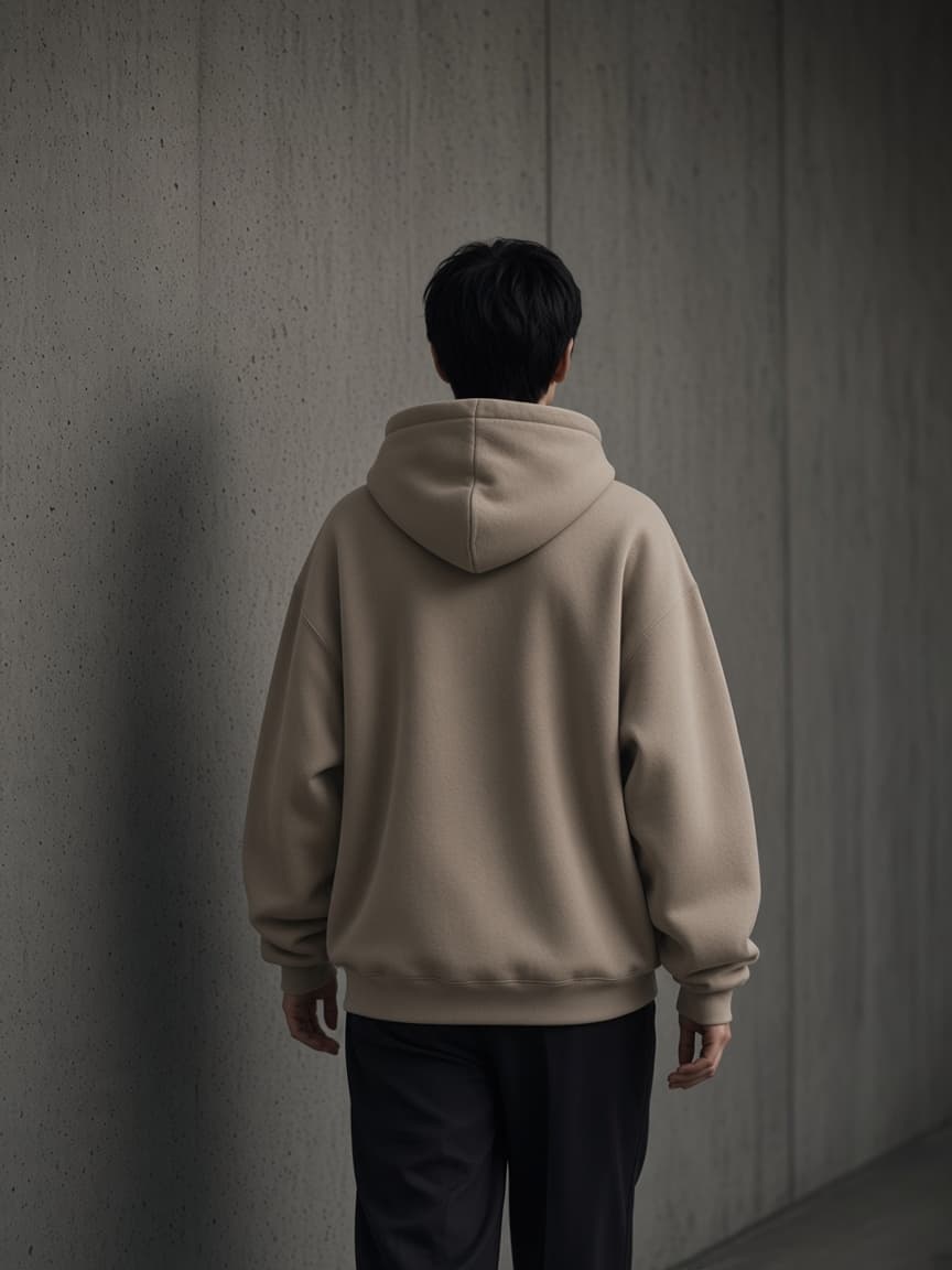Ryggtavla i sandfärgad hoodie.