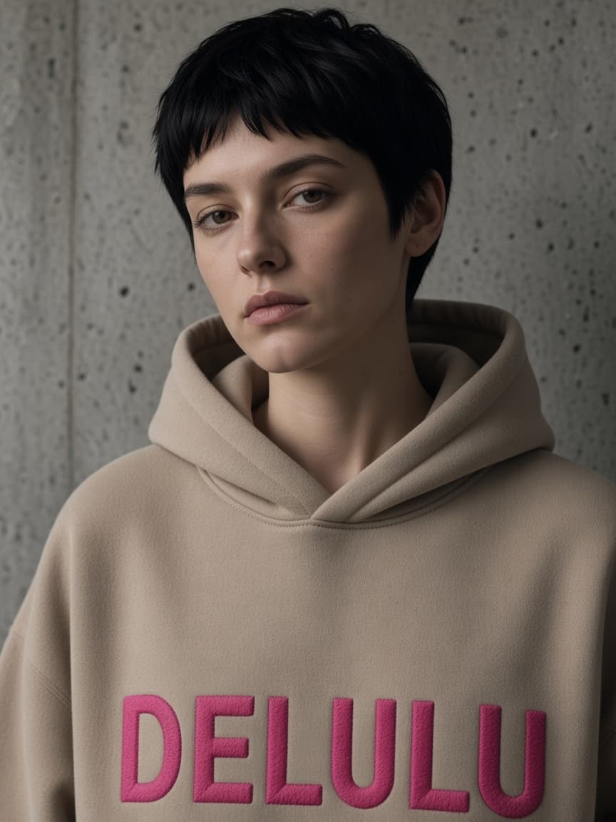 Närbild sandfärgad hoodie.