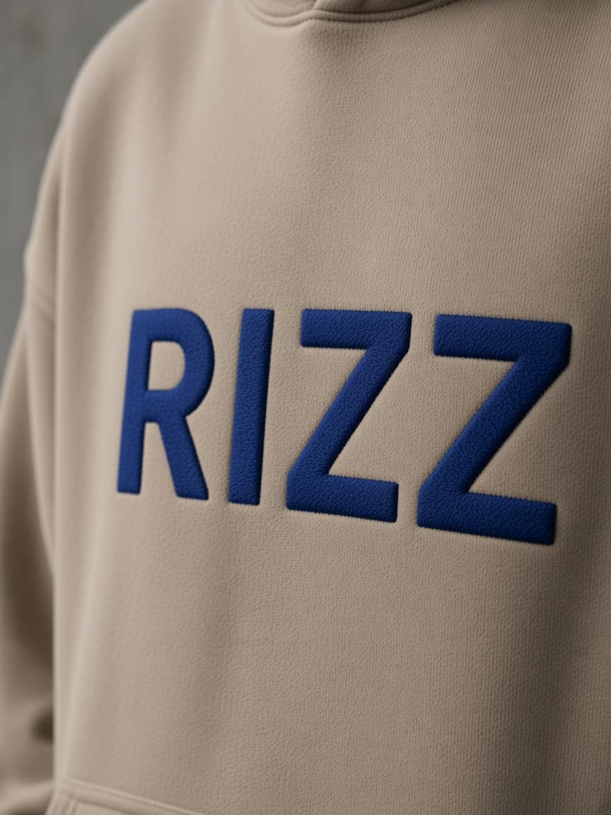 Närbild på blå RIZZ-brodyr på sandfärgad hoodie.